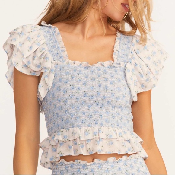 LoveShackFancy Tops - LoveShackFancy Wrennly Blue Floral Smock Crop Top XL